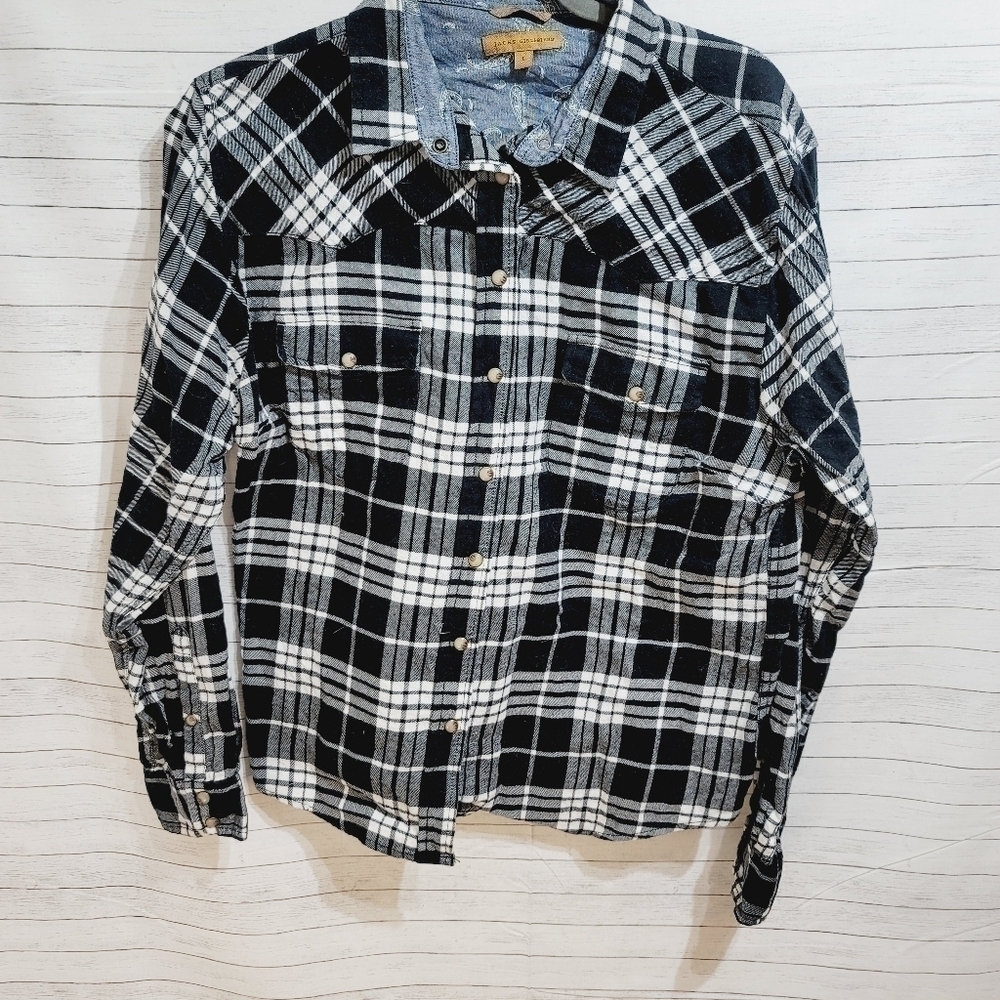 JACHS GIRLFRIEND BLACK BUFFALO PLAID FLANNEL BUTTON DOWN, SZ LARGE